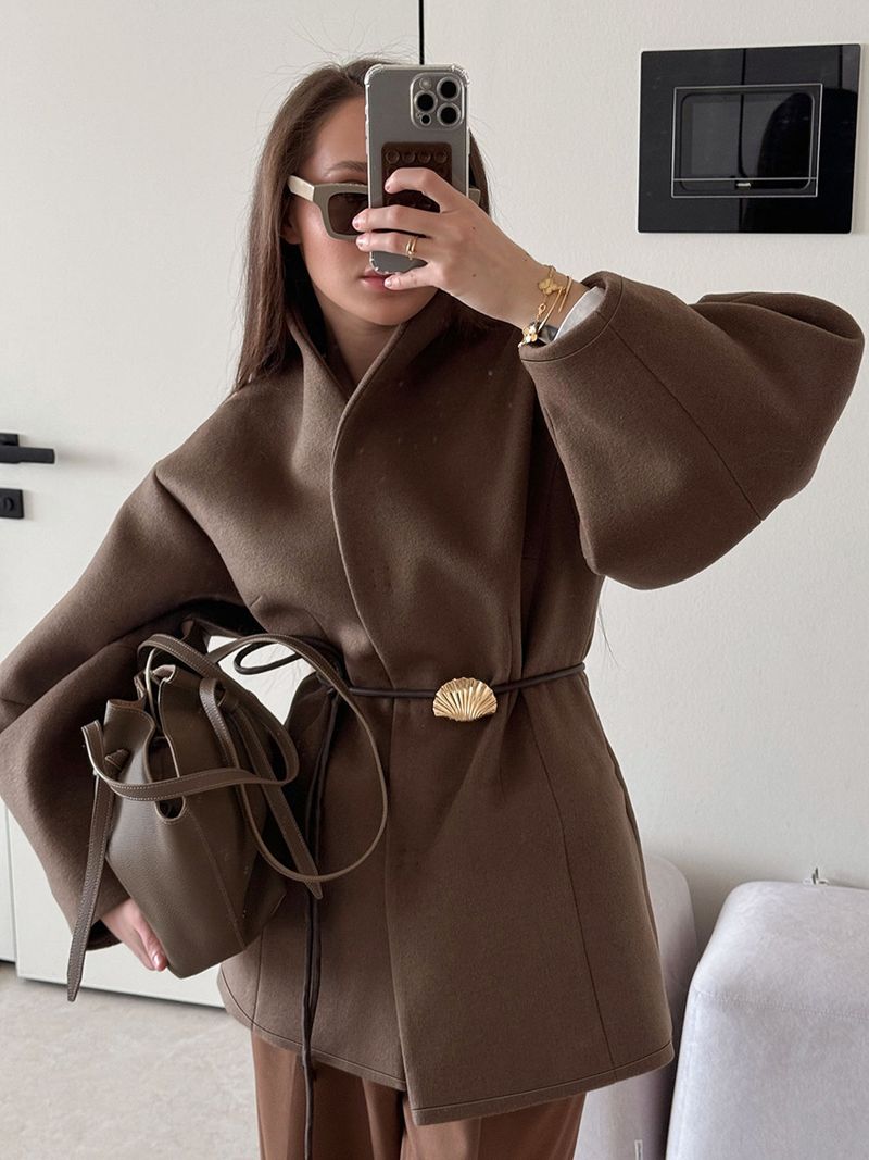 "Women's Wool-Look Trench Coat – Belted Long Polyester Coat With Stand Collar (Brown) S/M/L"_voghion.com
