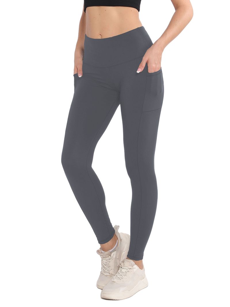 Pantalon de yoga taille haute à poches double face pour femme, legging de yoga en soie de lait élastique à neuf points, couleur chair, printemps et automne_voghion.com