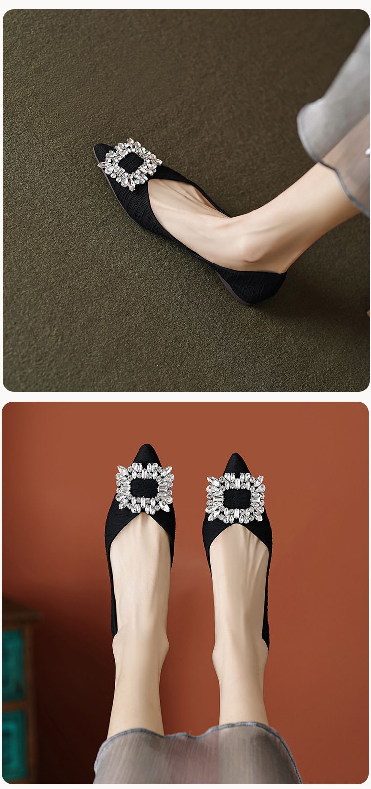 pointed Single Shoes Women's Flat Bottom Shallow Mouth Beanie Shoes Rhinestone Soft Sole Large Size Women's Shoes_voghion.com