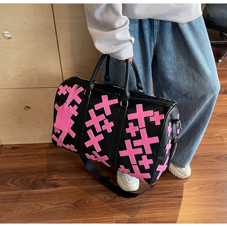 Neue Reisetasche aus PU-Umhängetasche für Damen und Herren – wasserdichte Umhängetasche mit geometrischem Design und Farbblockierung (Pink, Schwarz, Mehrfarbig)_voghion.com