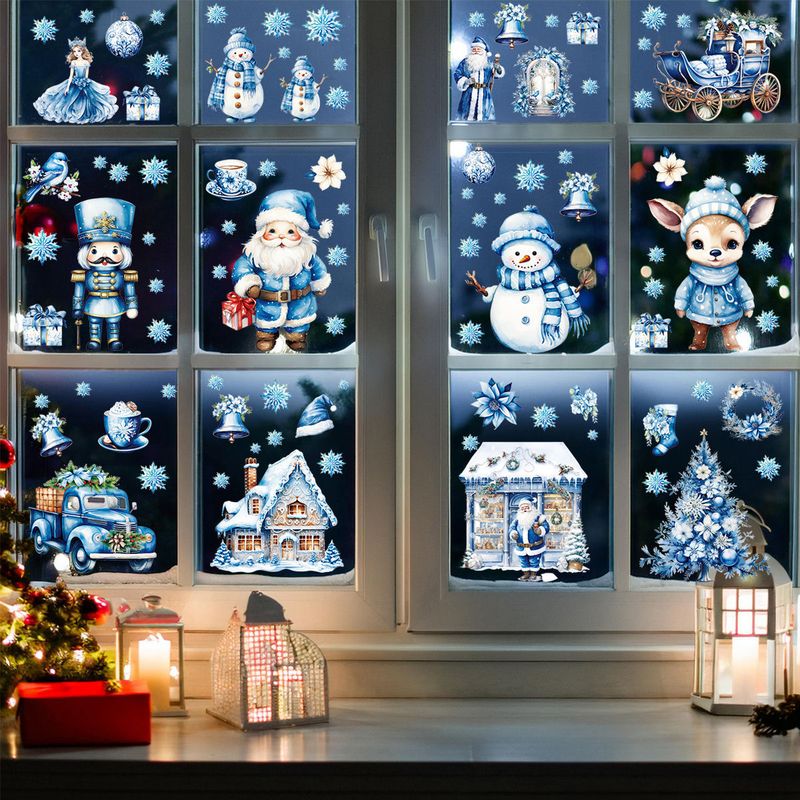 Adesivo decorativo natalizio statico per finestra con Babbo Natale, alce e pupazzo di neve blu, personalizzabile, transfrontaliero_voghion.com