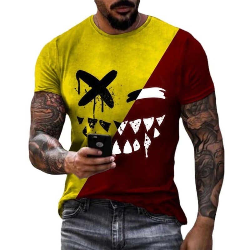 2021 New Men's Summer Casual Fashion Round Neck Color Block Smiley Face Short Sleeve T-Shirt Top_voghion.com