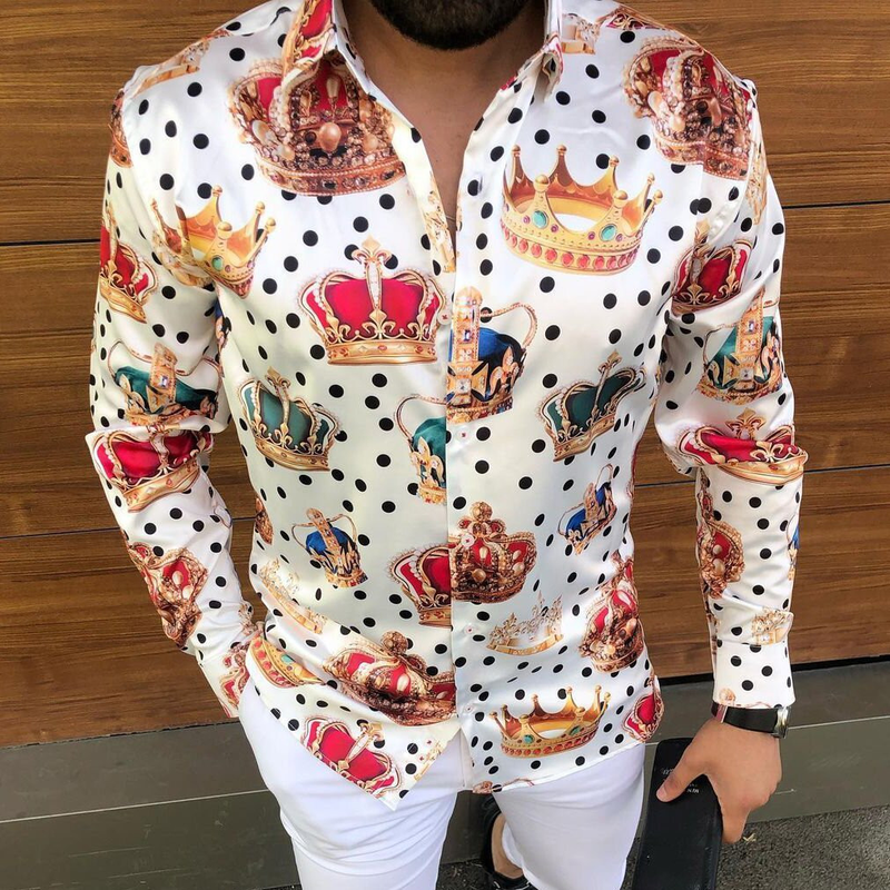 Chemises à manches longues pour hommes, décontractées, imprimées de couronne à pois, tendance, automne 2024_voghion.com
