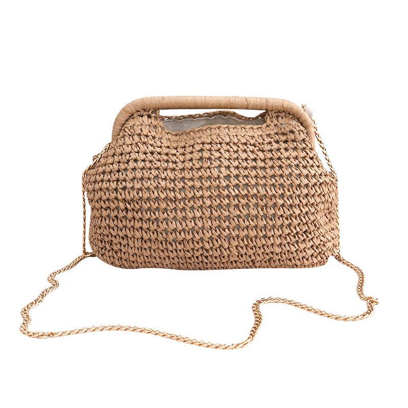 Borsa a mano versatile Niche con clip, tracolla a catena lunga, borsa da donna due in uno in carta di paglia lavorata all'uncinetto_voghion.com
