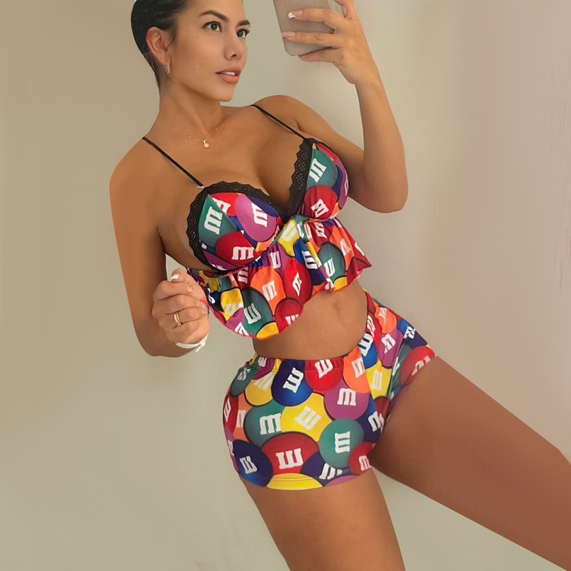 Damenmode Sexy Casual Home Spitze Hosenträger bedruckter Anzug (mit Brustpolster)_voghion.com