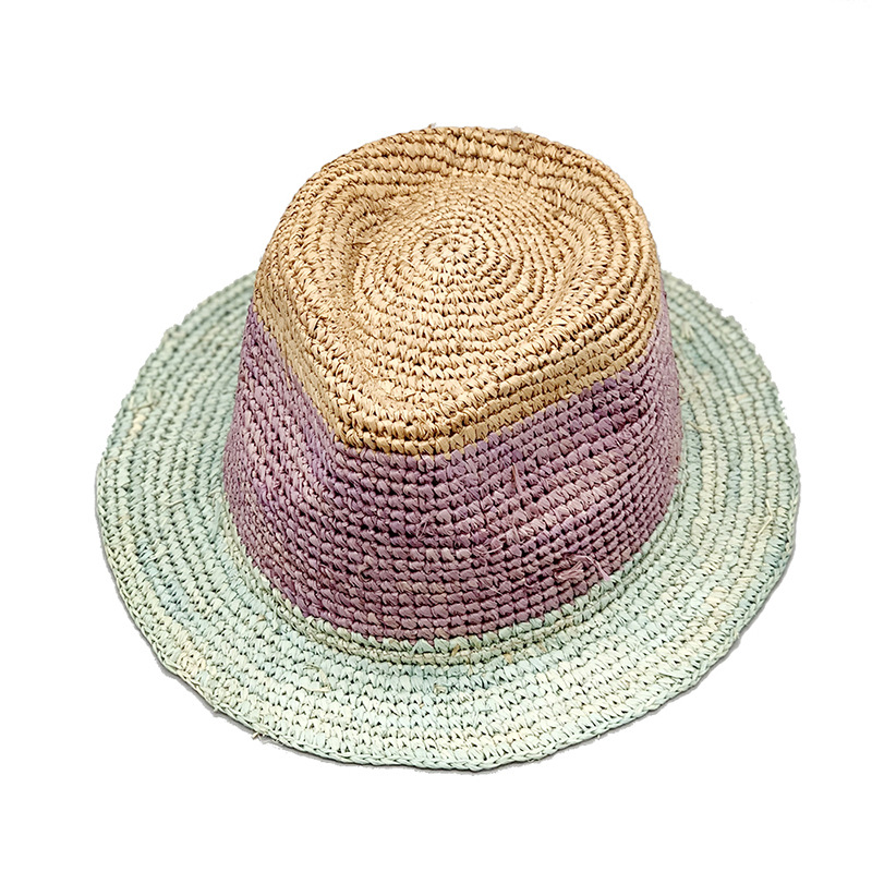 Natural raffia crochet straw hat color matching small hat casual striped Rayleigh wind short brimmed top hat_voghion.com