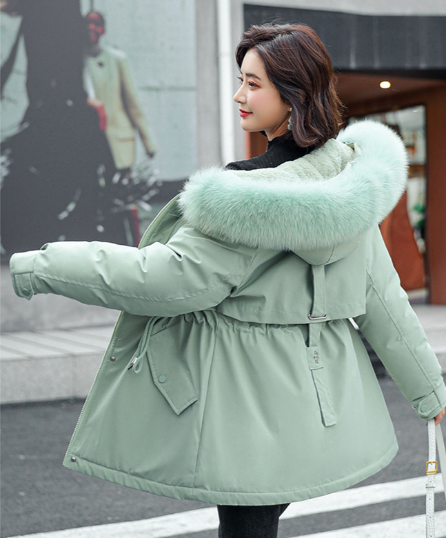 Women's Clothing Winter A Line Version Of Mid Length Cotton Jacket Plus Velvet Lining Large Fur Collar Large Size Waist And Short Outerwear_voghion.com