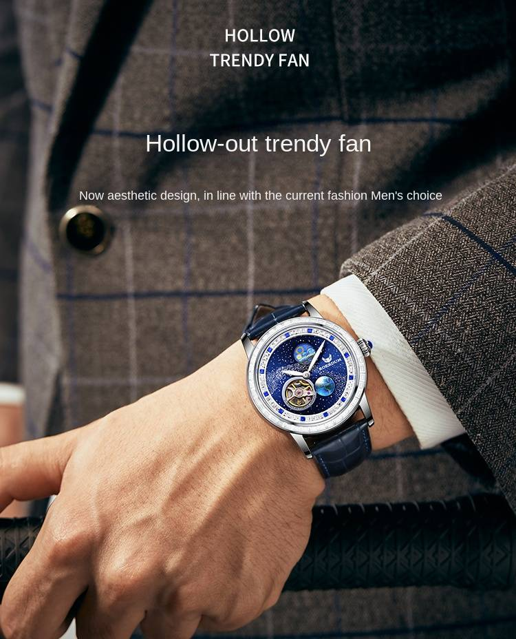 ROERDUM Wandering Planet - Leather Strap, Blue Dial, Trendy Men's Mechanical Watch_voghion.com