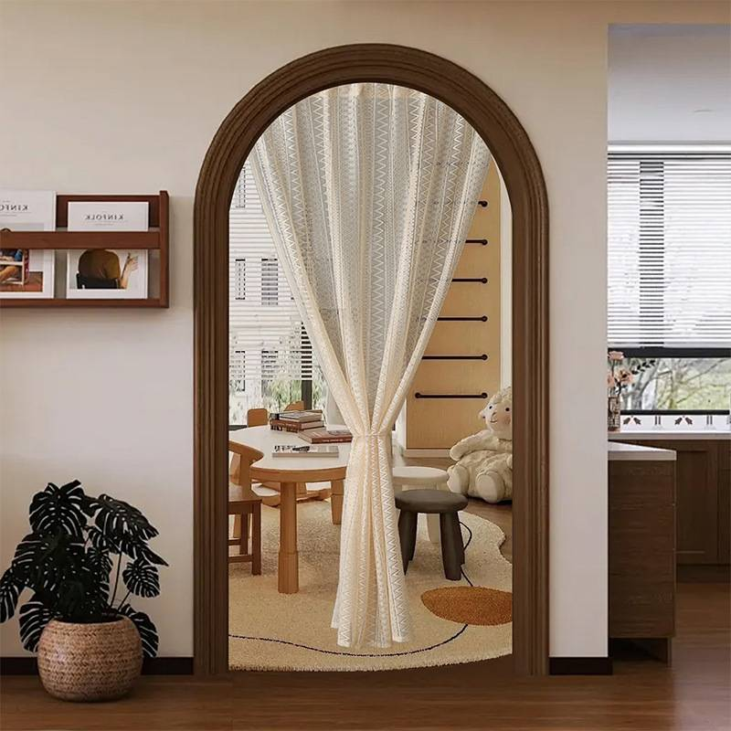 Tenda per porta geometrica bohémien - Pannello in tessuto di poliestere intrecciato con tasca per asta, motivi vintage a onde e strisce per soggiorno e camera da letto_voghion.com