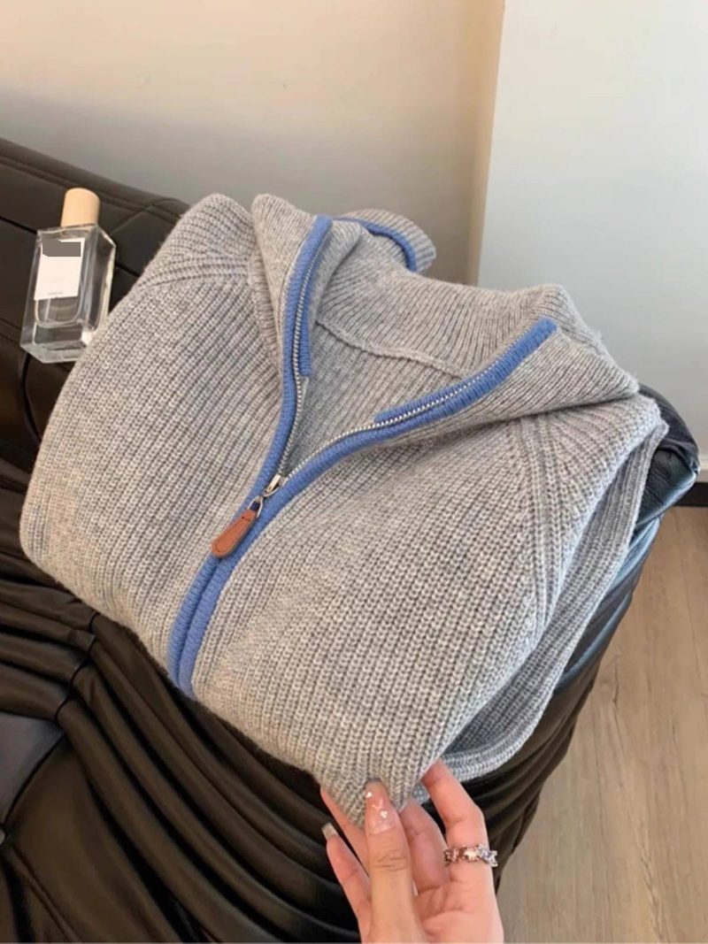 Pulloverjacke für Damen im Lazy-Style mit Stehkragen und Reißverschluss – Pullover mit übergroßem Kragen für Freizeit- und Bürokleidung_voghion.com