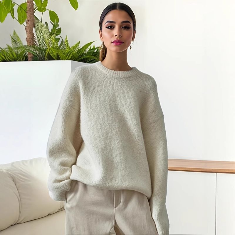 Suéter oversize de mujer, mezcla de mohair – Suéter de cuello redondo de punto grueso (acrílico-poliéster, tallas S-XXL) – Gris/Crema/Azul marino/Camel_voghion.com