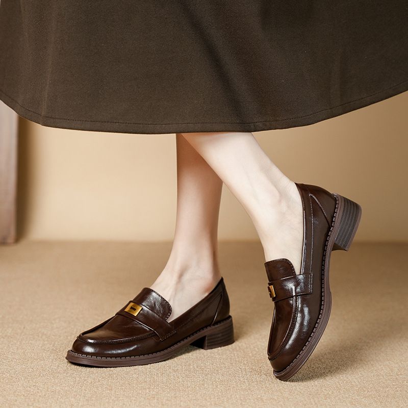 New Round Toe Chunky Heel Slip-On Leather British Style Metal Buckle Soft Sole Loafers Black Women's Shoes_voghion.com