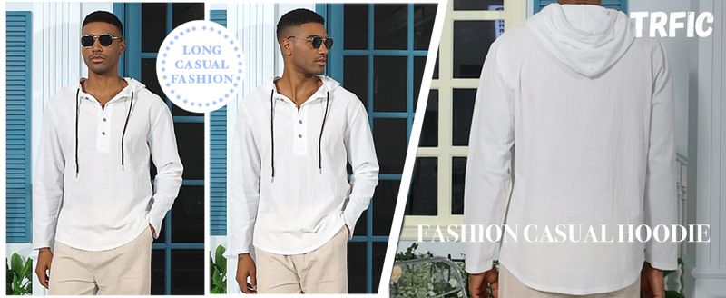 Lente en herfst lang mouwen linnen overhemd heren capuchon casual losse T-shirt trui heren_voghion.com