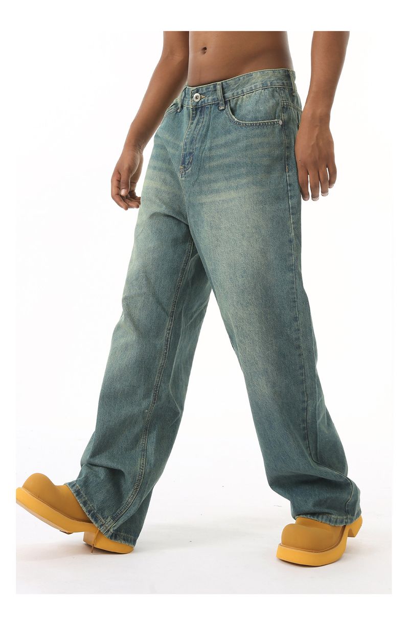 EF JEANS | 2024 New American Personality Retro Old Gradual Change Loose Wide Leg Jeans Men Old Green_voghion.com