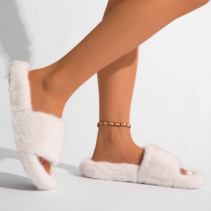 Y2K Punk Style Faux Fur Slippers - Cozy PVC Indoor Slides For Women & Men, Soft Plush Home Shoes, Trendy Gothic Fashion Footwear_voghion.com