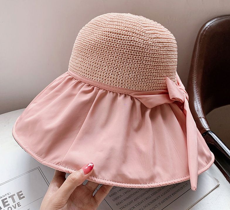 Sommer-Sonnenschirm mit schwarzer Schleife für Damen, koreanischer und japanischer Stil, UV-Schutz, breite Krempe, Gesichtsschutz, Sonne_voghion.com