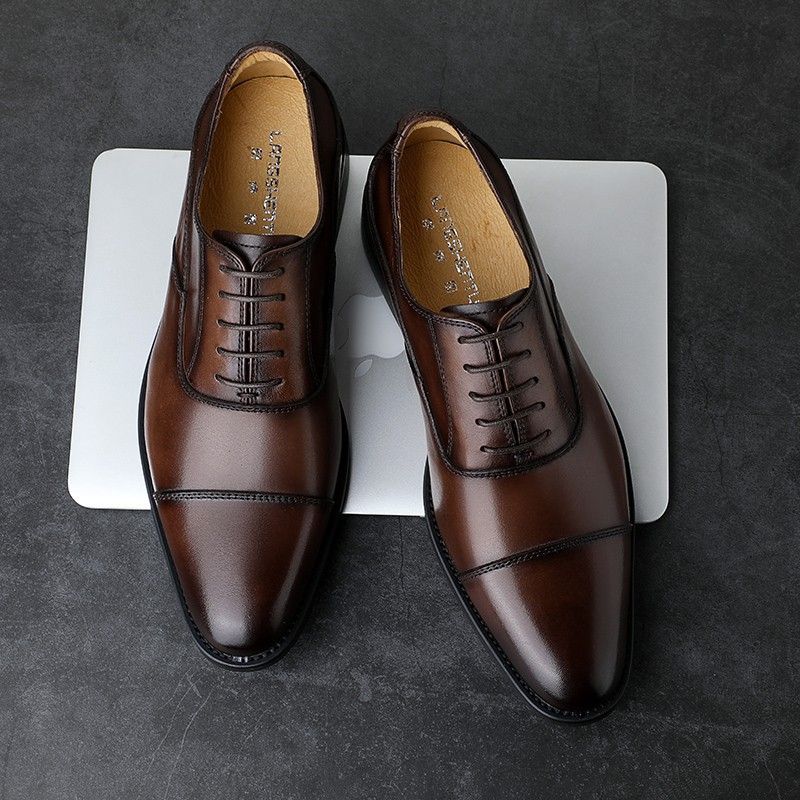 Zapatos Oxford de cuero genuino de tres articulaciones, estilo británico, formales, con suela de madera y capa superior de piel de vaca para hombre._voghion.com