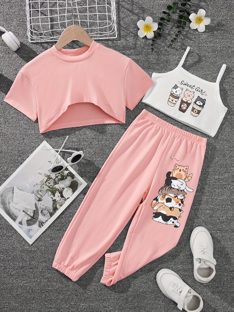 Ensemble 3 pièces pour mère et enfant, tenue d'été pour fille, pull décontracté à manches courtes, pantalon décontracté à la mode pour fille_voghion.com