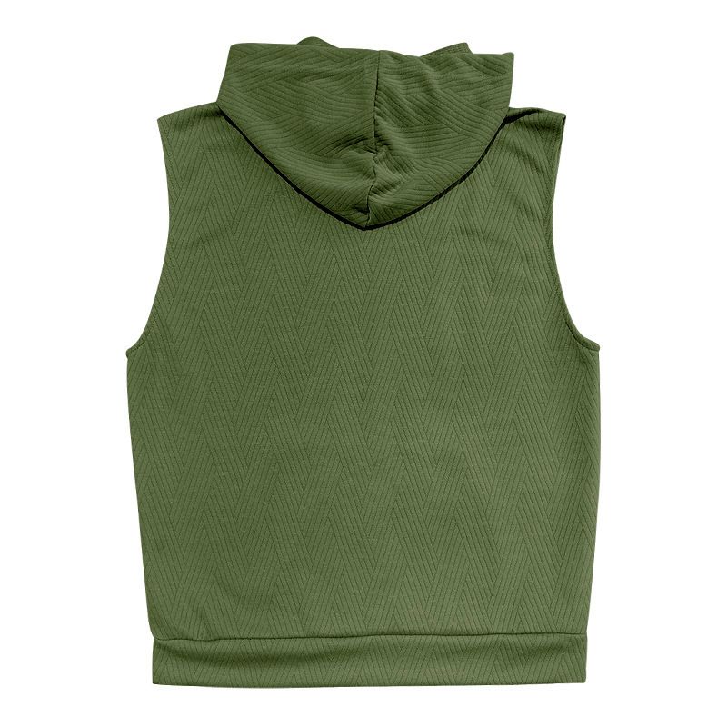 Felpa con cappuccio in maglia jacquard casual da uomo, senza maniche, con tasca applicata e coulisse_voghion.com