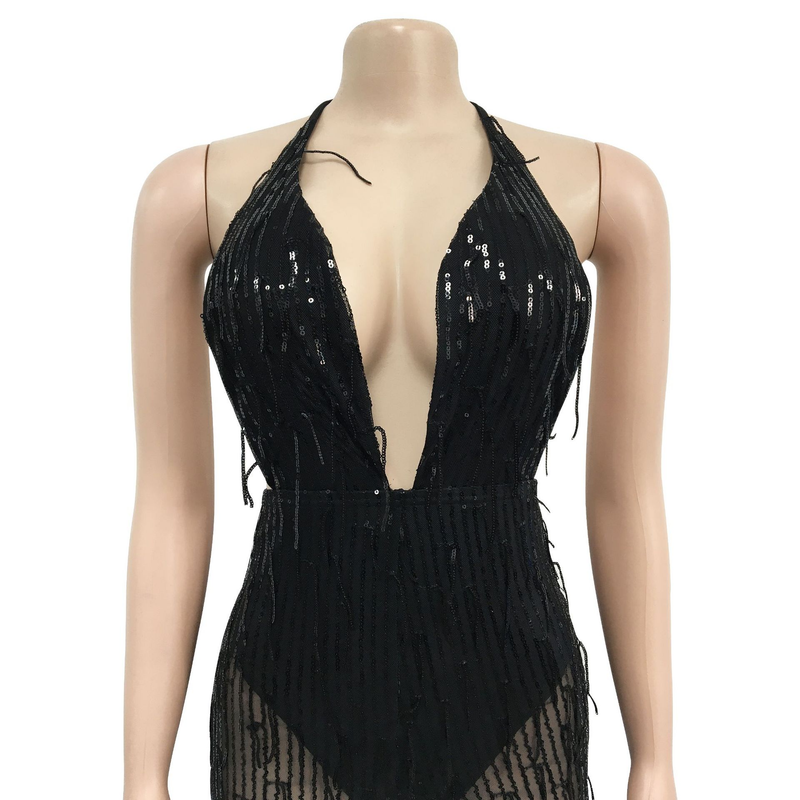 Women's sequined tassel mesh transparent sleeveless trousers jumpsuit_voghion.com