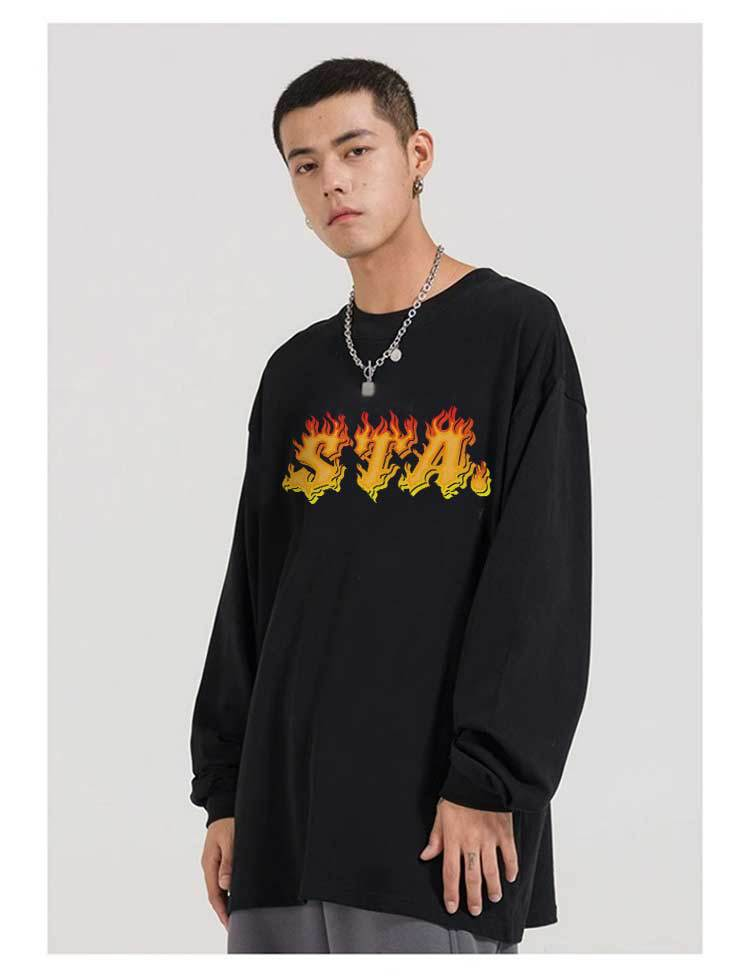 T-shirt a maniche lunghe del marchio di moda nazionale con design a fiamma STA da uomo per uomo e donna, coppia top in puro cotone pesante con scollo tondo_voghion.com