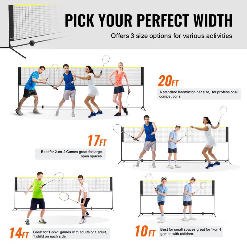 VEVOR Badminton Net, Height Adjustable Volleyball Net, 20ft Wide Foldable Pickleball Net, Portable Tennis Net Set With Poles, Stand, Bag, Rackets, Nylon Shuttlecocks, Kid Backyard Indoor Outdoor Use_voghion.com