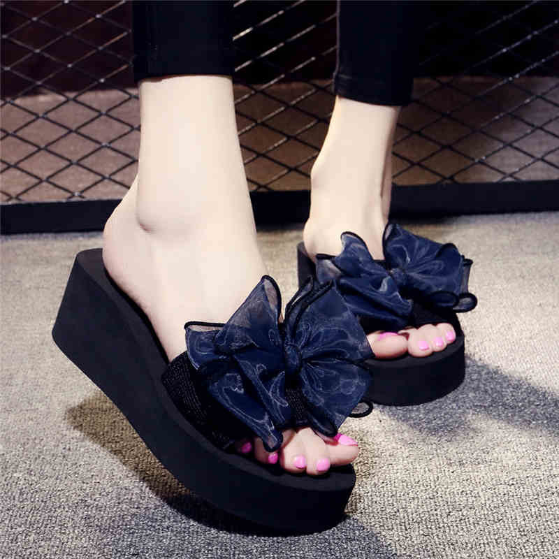 Sandales d'été, pantoufles à nœud pour femmes, talons hauts, tongs, chaussures compensées à la mode, semelles à plateforme, chaussures de plage portées en dehors du bord de mer_voghion.com