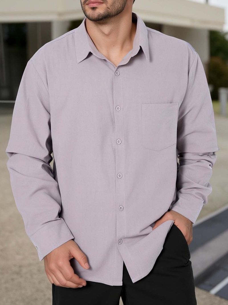 Frühling und Herbst Neue Herren Einfarbig Revers Tasche Knopf Mode All Match Lose Langarmhemd_voghion.com