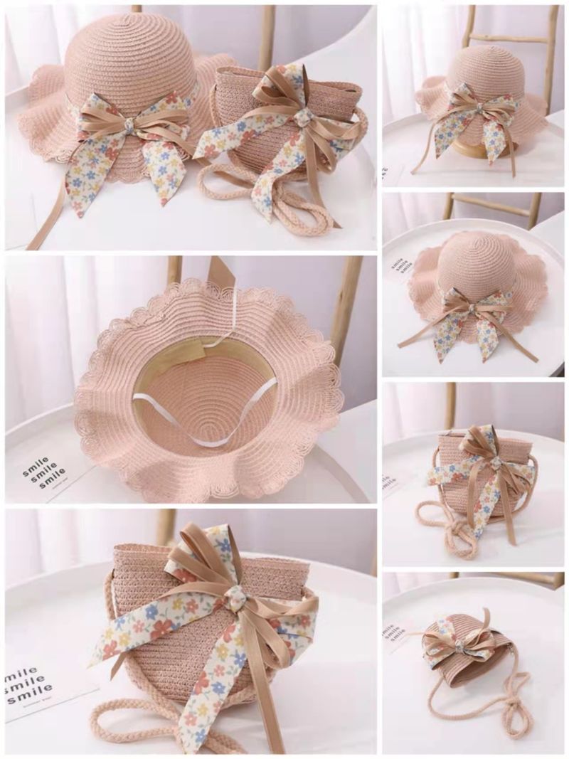 Cappelli di paglia da pescatore pieghevoli da spiaggia per bambini, protezione solare estiva da donna e set di borse_voghion.com