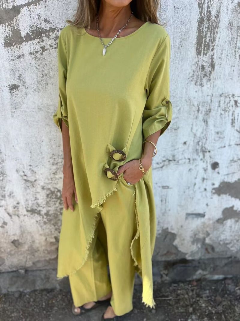 Women's Clothing Spring And Summer Metal Button Loose Irregular Robe Set_voghion.com