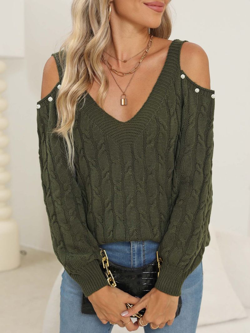 Maglione lavorato a maglia da donna, autunno inverno, con scollo a V profondo, sexy e largo, con spalle scoperte, 67201_voghion.com