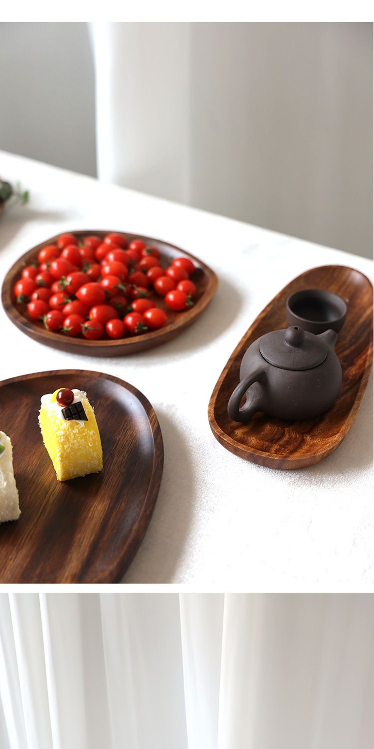 Solid Wood Style Oval Tray Natural Acacia Wood Fruit Plate With Pebble Design For Home Dining_voghion.com