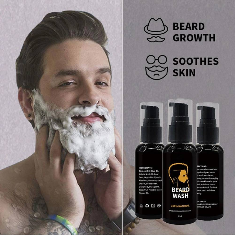 QLZHANFU 60ml Beard Wash Shampoo Encourages Growth Gentle Cleaning Soothe Soften Damage Dry Curly Frizzy Shaving Cream Gel Beauty Health_voghion.com
