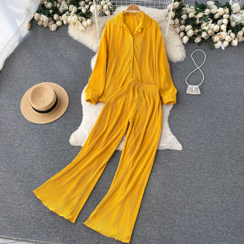 Elegant zweedeelegt Kostüm fir Fraen, Summermoud, modesch laangärmlech Hemdtop, 1-Taille-Drapéierung Casual Hosen_voghion.com