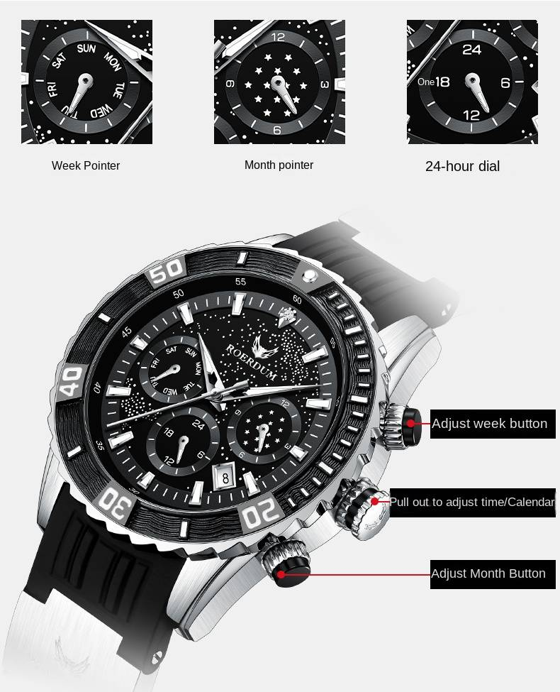 ROERDUM Voyager Series-Orologio subacqueo RA8006 Orologio meccanico a carica funzionale con quadrante nero e cinturino in silicone Orologio da uomo_voghion.com