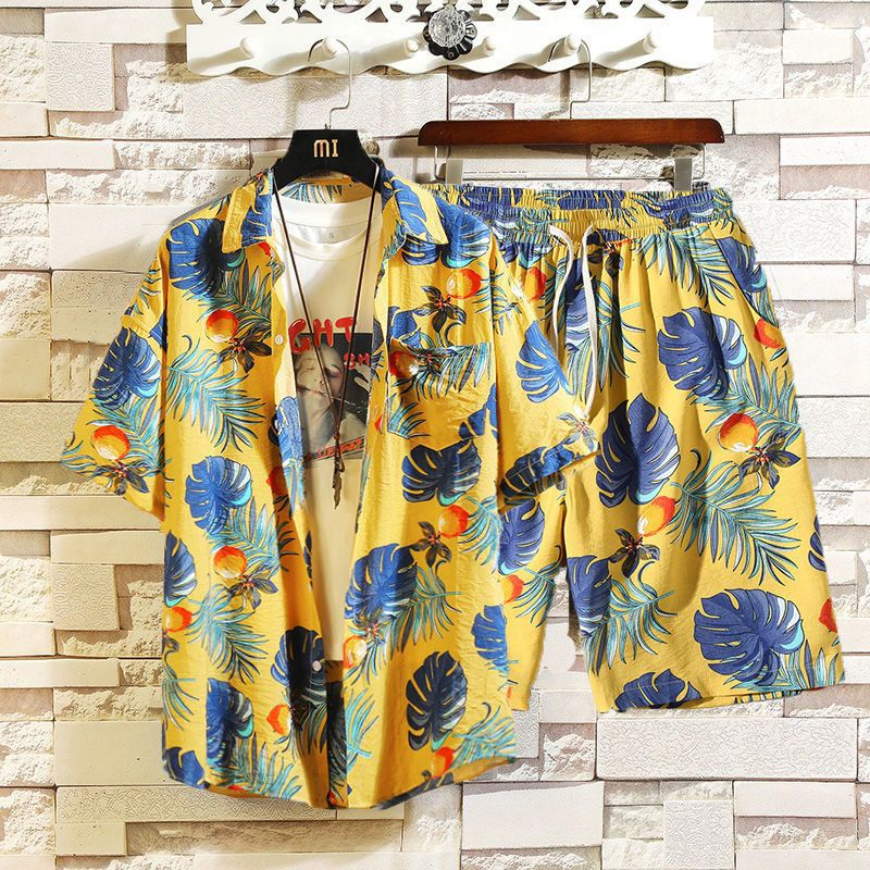 Ensemble de plage décontracté pour homme en été, tenue de plage fine, ample et tendance, short hawaïen et chemise fleurie, deux pièces_voghion.com