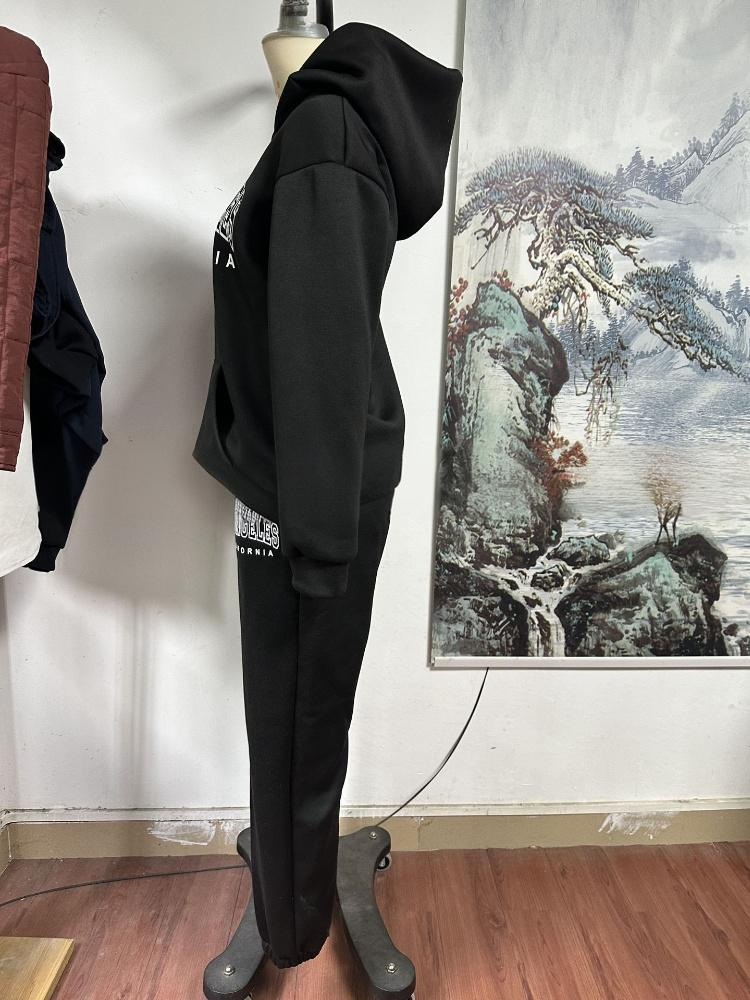 Women's Casual Fashion Printed Hooded Suit Plus Velvet Sweater Long Sleeved Pants Suit_voghion.com