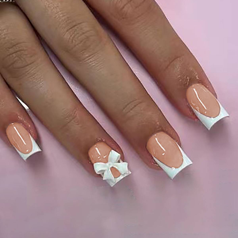 Eleganti unghie francesi quadrate con fiocco - Unghie finte a pressione, riutilizzabili e facili da applicare - Opzioni con colla e adesivo in gel - Stile dolce e femminile_voghion.com