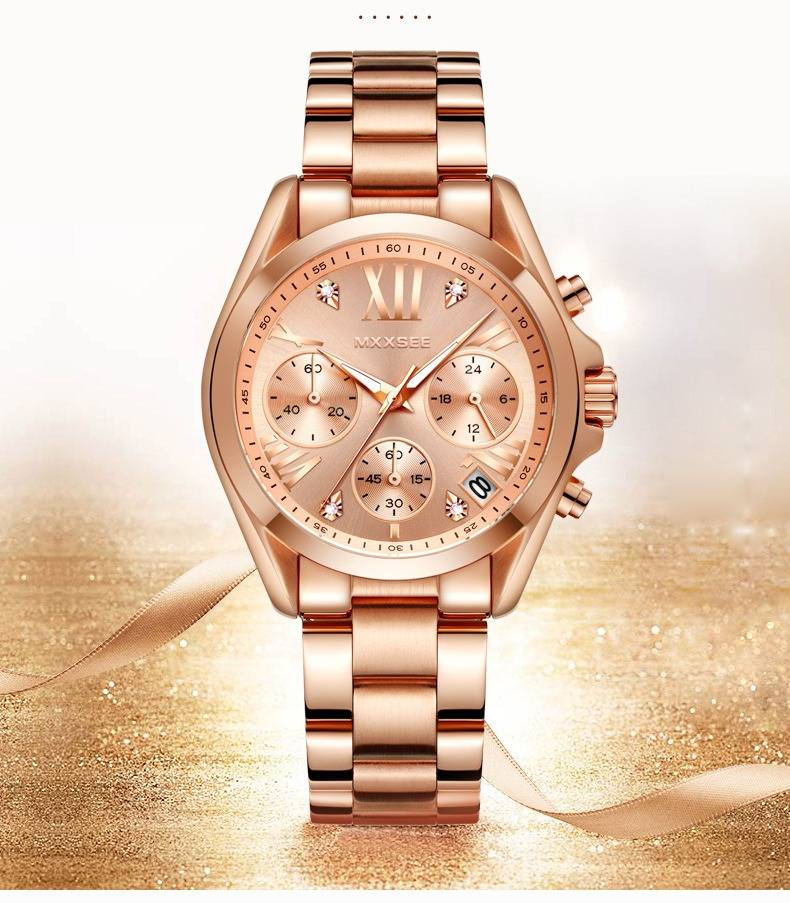 Elegante orologio cronografo in acciaio inossidabile color oro rosa per donna con datario e resistenza all'acqua fino a 30 m. Un regalo elegante e alla moda._voghion.com