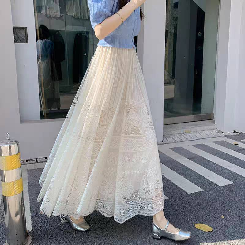 Elegante gonna midi in pizzo con ricamo floreale, gonna fluida a trapezio con orlo a strati in chiffon, perfetta per il guardaroba primaverile-estivo (nero/bianco/beige)_voghion.com