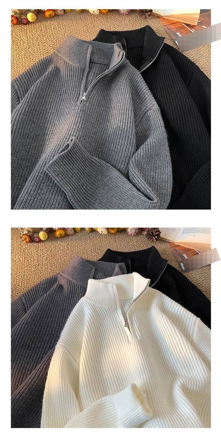 Roupas masculinas Suéter masculino com gola alta e zíper - Malha minimalista grande (essencial cleanfit)_voghion.com