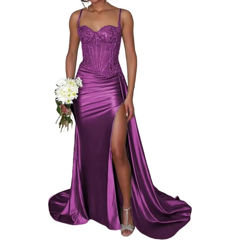 Abito da sera elegante verde senza spalline con spacco alto e piccolo strascico – Abito da sera formale per donna_voghion.com