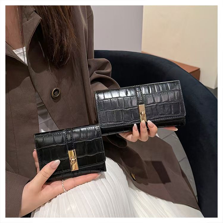 Portafogli da donna in pelle nera con chiusura a scatto, portafoglio lungo bifold in pelle, portafogli corti, portafogli mini_voghion.com