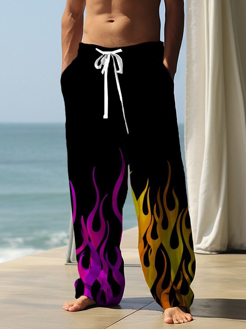 Pantalon de sport décontracté pour hommes printemps et automne tube droit ample double poche cordon de serrage avec imprimé flamme nouveau style_voghion.com
