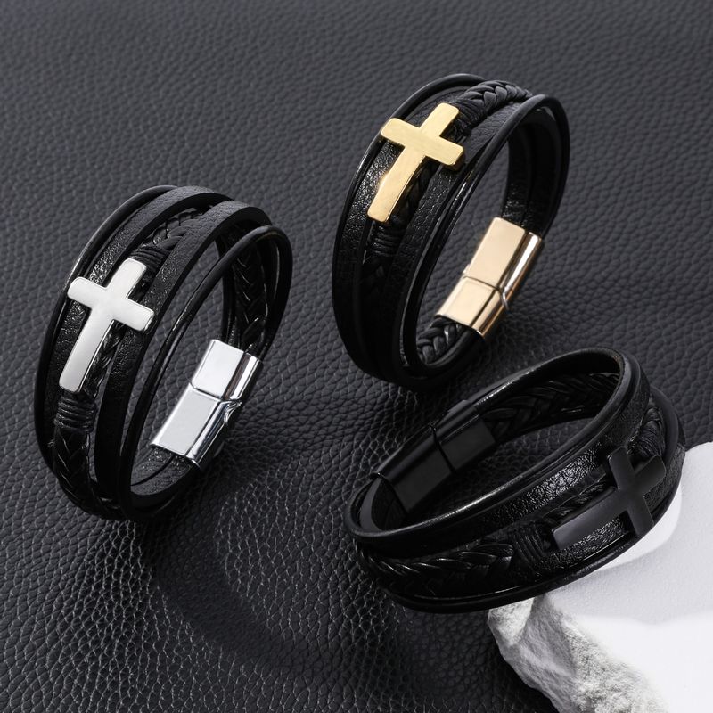 Leren Street Fashion Armband Legering Laser Meerlaags Geweven Kruisvormige Bangle_voghion.com