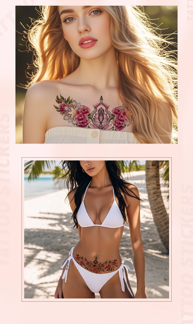 Accessoires de tatouage Autocollants de tatouage Fleur colorée Poitrine Clavicule Cicatrice Couvrant Imperméable Sexy Fleur Bras Autocollants de tatouage temporaire_voghion.com