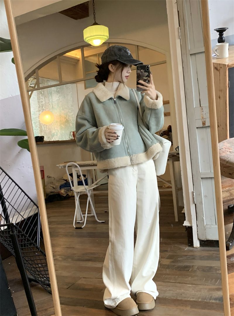 2025 Winter Koreanischen Stil High-End Hellblau Revers Kurzen Lamm Wolle Mantel Für Frauen, Schaffell Integrierte Jacke Top_voghion.com