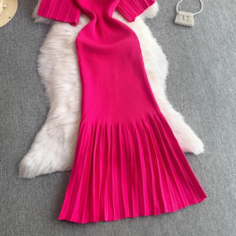 Women's Clothing Elegant V Neck Single Breasted Short Sleeved Dress Knitted Elastic Waist Hollow Fishtail Long Skirt_voghion.com