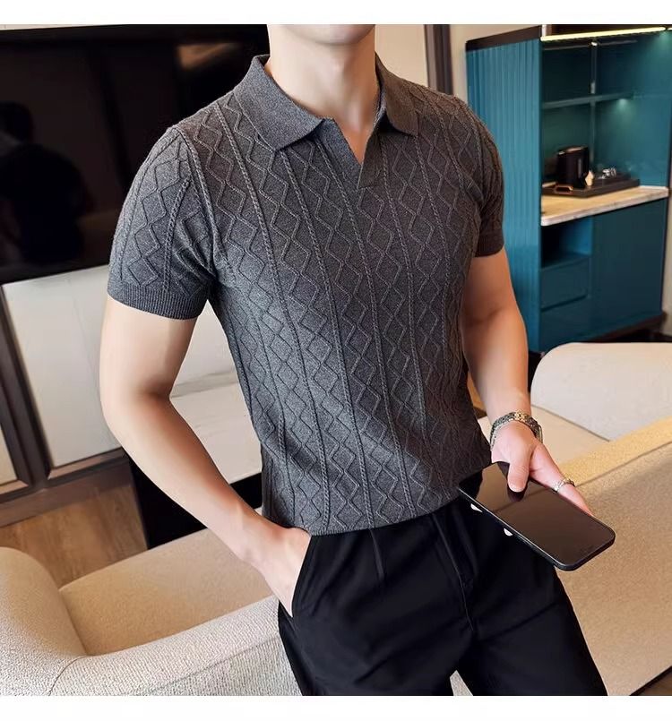 HerrenbekleidungKurzarmpullover Strukturiertes Poloshirt für Herren Revers V-Ausschnitt Slim Fit Business-T-Shirt_voghion.com