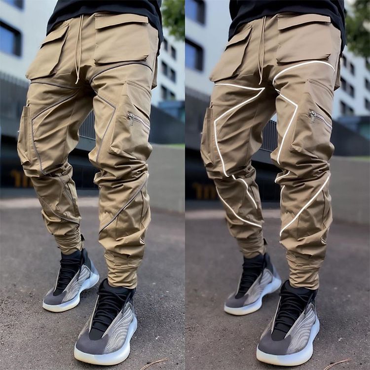 Men's casual Korean version trendy brand plus size straight leg work men's personalized multi pocket reflective sports_voghion.com